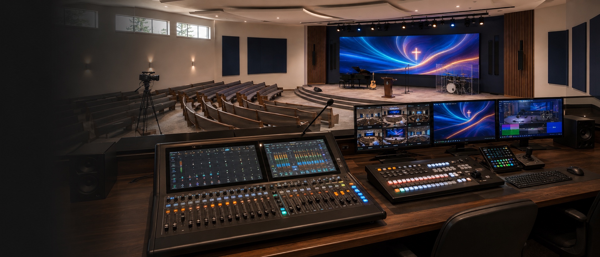 Production desk with digital mixing console, video switcher, and multiview monitors overlooking a modern sanctuary